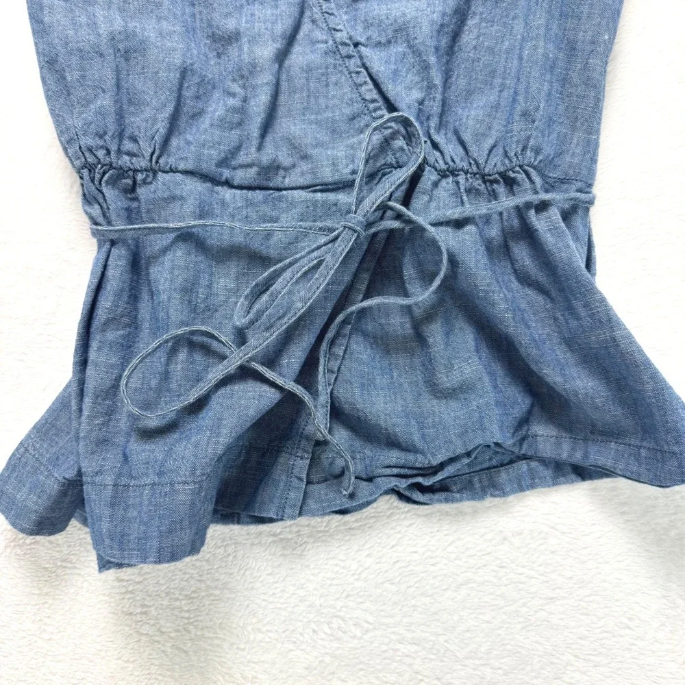 J.Crew Womens Blue Chambray Cotton Linen Flutter Sleeve Wrap Peplum Top Size 0 - Picture 3 of 4